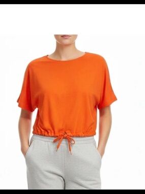 Women's Orange Drawstring Hem Short Sleeve Top